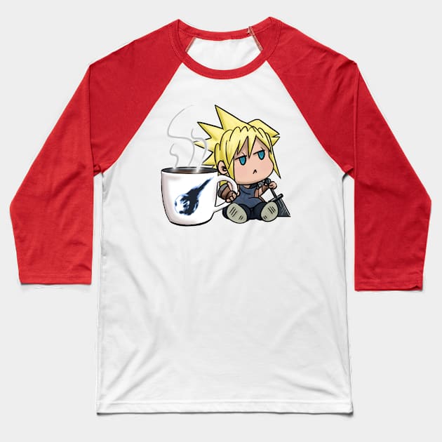 Chibi Cloud Coffee Kawaii Final Fantasy 7 Cloud Strife Baseball T-Shirt by Gamers Utopia